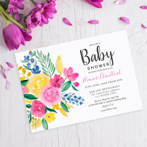 Bright summer pink floral watercolor baby shower invitation