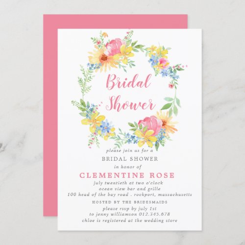 Bright Summer Pink Floral Watercolor Bridal Shower Invitation