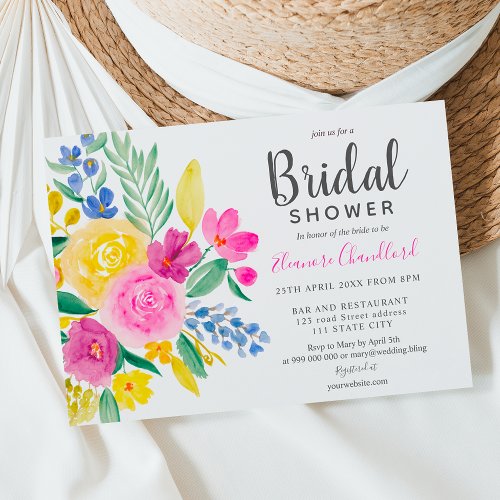 Bright summer pink floral watercolor bridal shower invitation