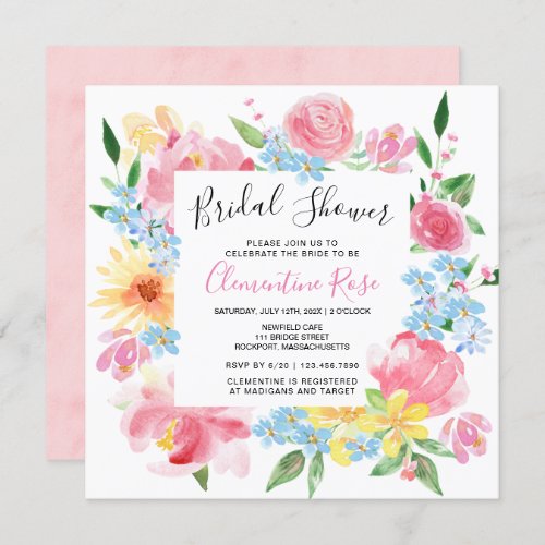 Bright Summer Pink Floral Watercolor Bridal Shower Invitation