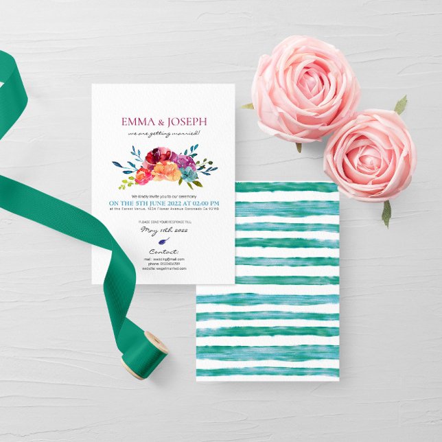 Bright Summer turquoise striped floral Wedding Invitation (Creator Uploaded)
