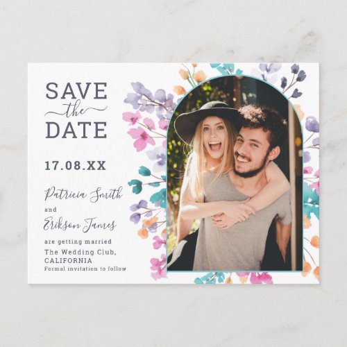 Bright summer wild floral watercolor save the date postcard