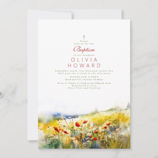 Bright Summer Wildflowers Cute Elegant Baptism Invitation (Front)
