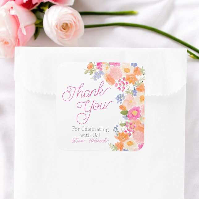 Bright summer wildflowers floral bridal thank you square sticker (Bright summer wildflowers floral bridal thank you square sticker)