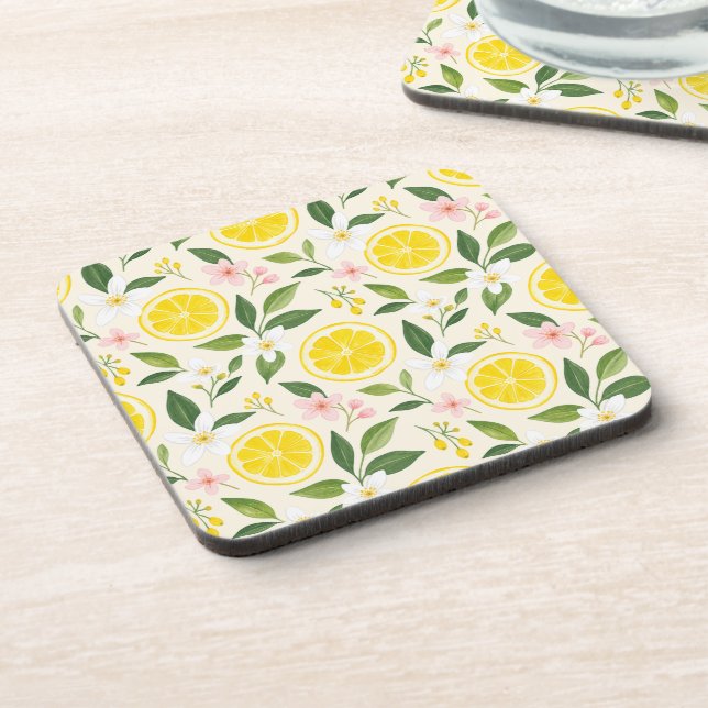 Bright Summer Yellow Lemon Slices and Flowers Beverage Coaster (Left Side)