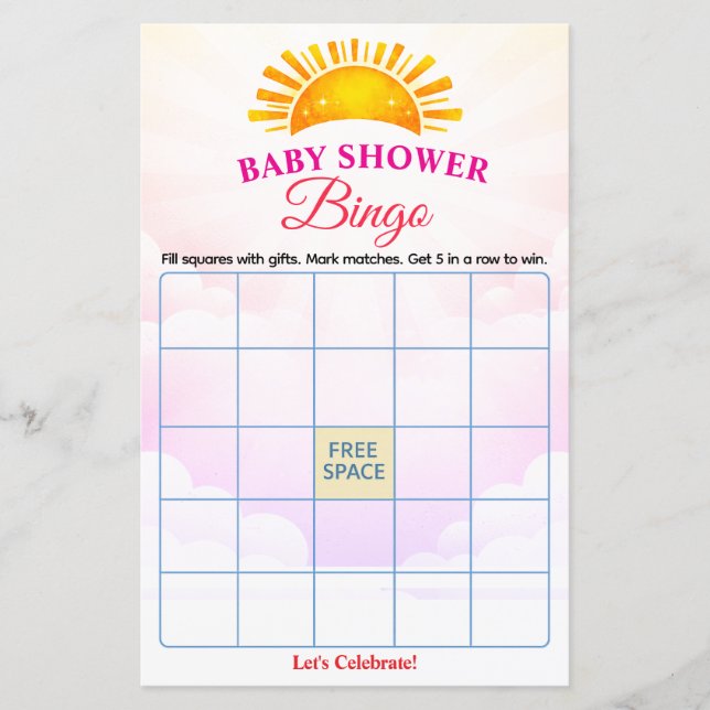 Bright Sun Baby Shower Bingo Game Card (Front)