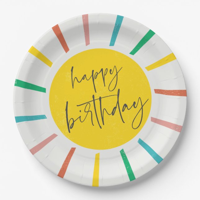 Bright Sun Script Kids Birthday Party Paper Plates (Front)