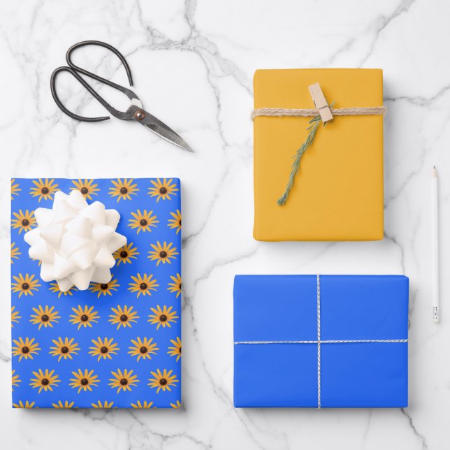 Bright Sun Yellow Flowers on Royal Blue Wrapping Paper Sheets (Front)