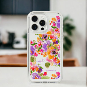 Bright sunflower floral watercolor purple monogram iPhone 15 pro max case