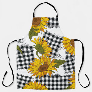 Bright sunflower flowers on checkered patches. Sea Apron
