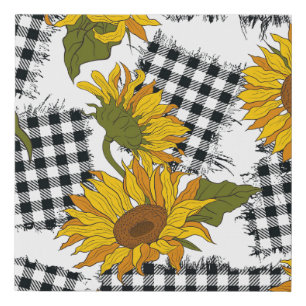 Bright sunflower flowers on checkered patches. Sea Faux Canvas Print
