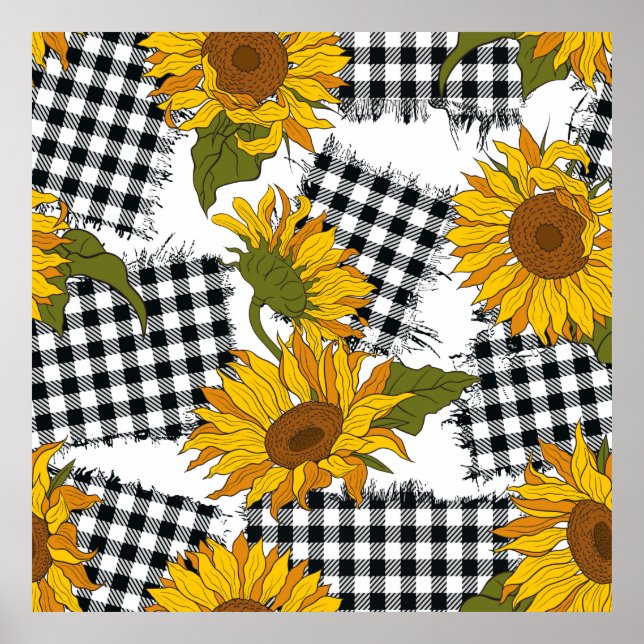 Bright sunflower flowers on checkered patches. Sea Poster (Front)