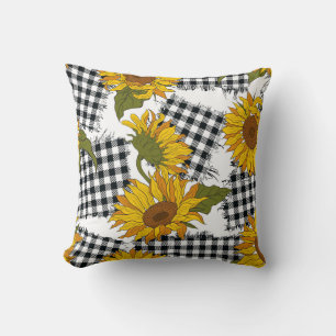 Bright sunflower flowers on checkered patches. Sea Throw Pillow
