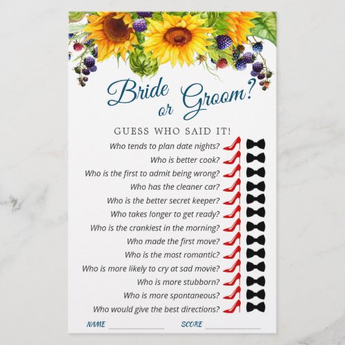 Bright Sunflower Greenery Chic  Bridal Shower Game
