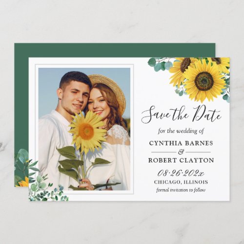 Bright Sunflower Greenery Eucalyptus Photo Wedding Save The Date - Bright Sunflower Greenery Eucalyptus Photo Wedding Save the Date Card. 
(1) For further customization, please click the "customize further" link and use our design tool to modify this template. 
(2) If you prefer Thicker papers / Matte Finish, you may consider to choose the Matte Paper Type.