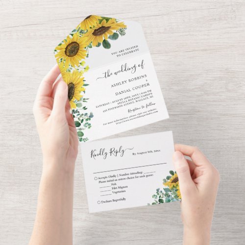 Bright Sunflower Greenery Eucalyptus Wedding All In One Invitation - These "Bright Sunflower Greenery Eucalyptus Wedding All in One Invitations" are designed with an easy to tear off perforated RSVP postcard. Just simply fold each card into the outlined shape, and then seal and send - no envelope needed for shipping.