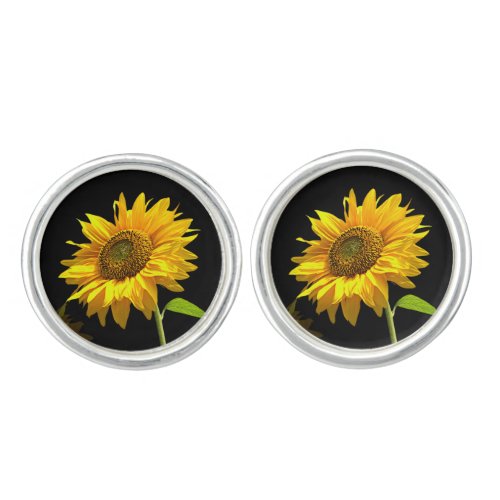 Bright Sunflower on Black Background Cufflinks