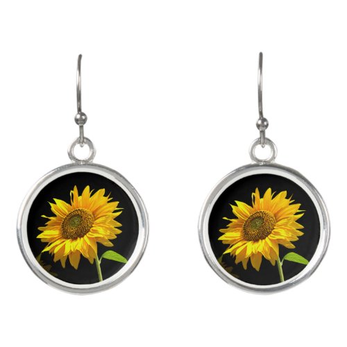 Bright Sunflower on Black Background Earrings