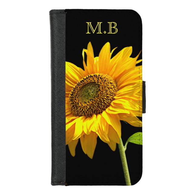 Bright Sunflower on Black Background iPhone Wallet Case (Front)