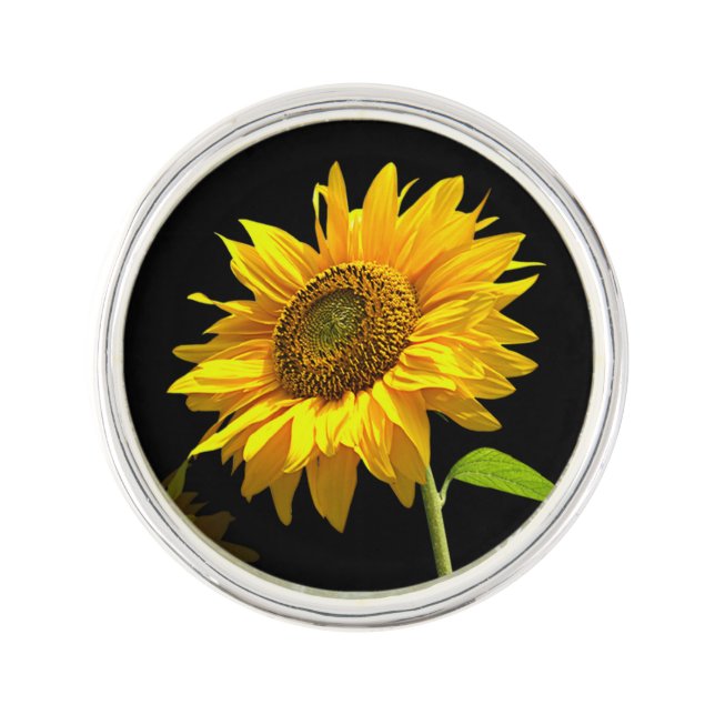Bright Sunflower on Black Background Lapel Pin (Front)