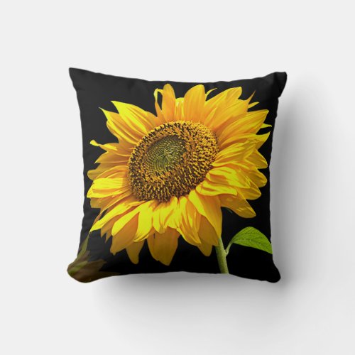 Bright Sunflower on Black Background Throw Pillow