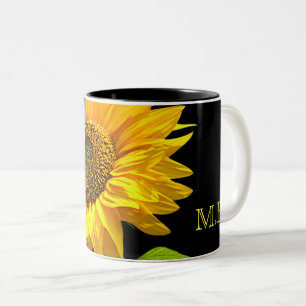 Bright Sunflower on Black Background Two-Tone Coffee Mug