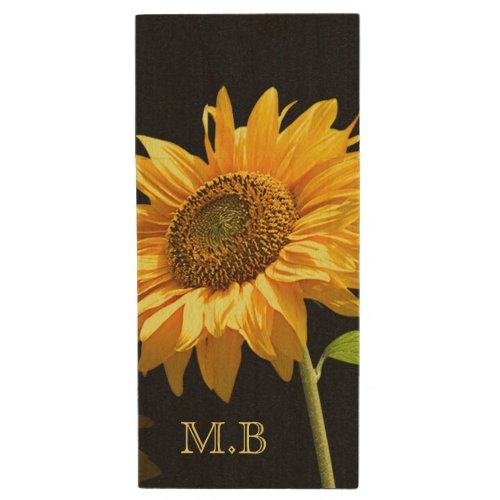 Bright Sunflower on Black Background Wood Flash Drive