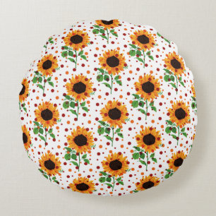Bright Sunflower & Polka Dots Summer Floral Patter Round Pillow