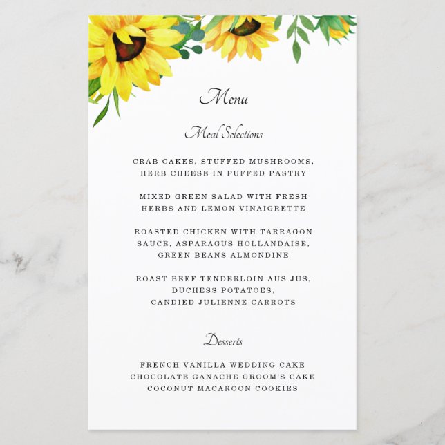 Bright Sunflower Rustic Wedding Menu Paper Sheet (Front)