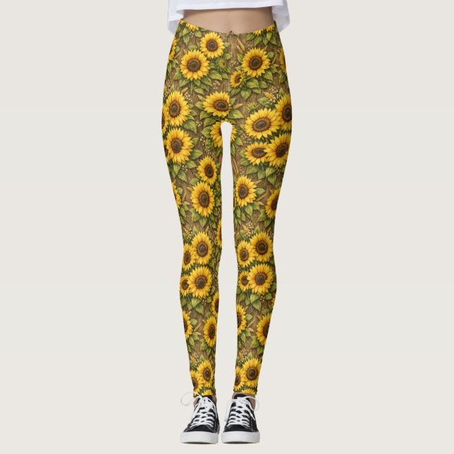 Bright Sunflower Seamless Repeat Pattern Leggings (Front)