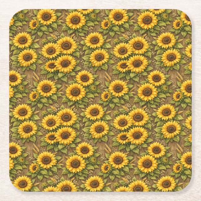 Bright Sunflower Seamless Repeat Pattern Square Paper Coaster (Front)