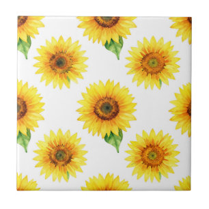 Bright Sunflower Watercolor Seamless Pattern Ceramic Tile