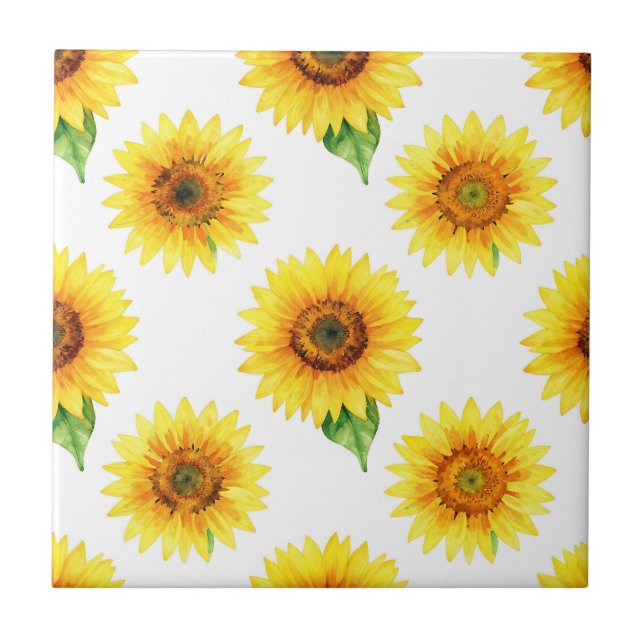 Bright Sunflower Watercolor Seamless Pattern Ceramic Tile (Front)