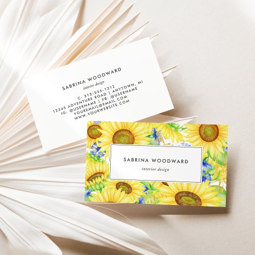 Bright Sunflower Watercolor Yellow Blue Business Card