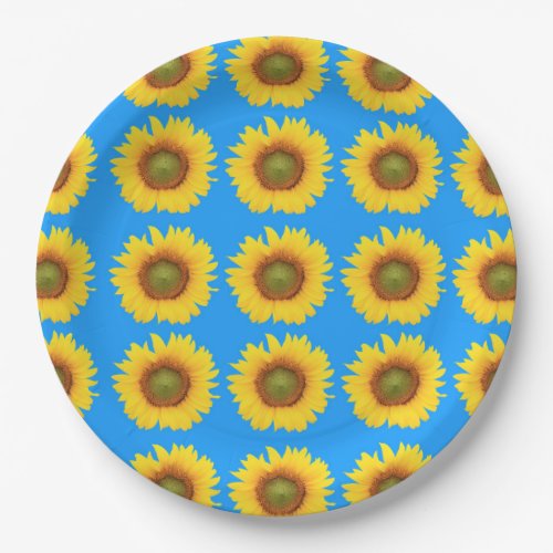 Bright Sunflowers Blue Pattern Paper Plates