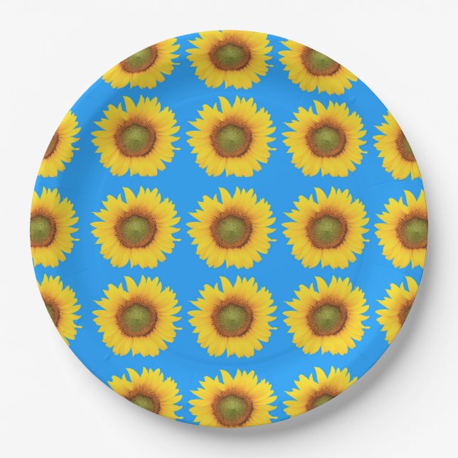 Bright Sunflowers Blue Pattern Paper Plates (Front)