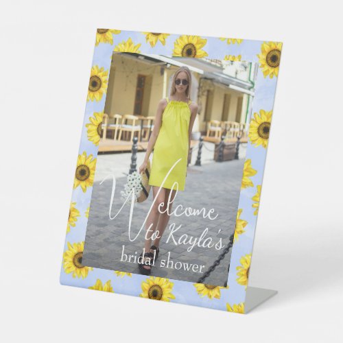 Bright Sunflowers Dusty Blue Bridal Shower Welcome Pedestal Sign