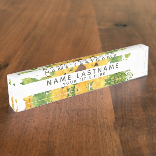 Bright Sunflowers Floral Botanical White Title Desk Name Plate