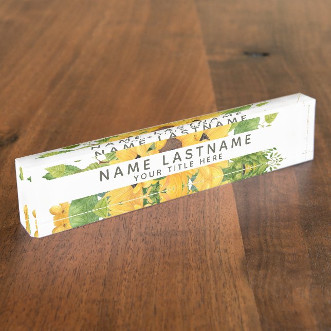 Bright Sunflowers Floral Botanical White Title Desk Name Plate (Side)