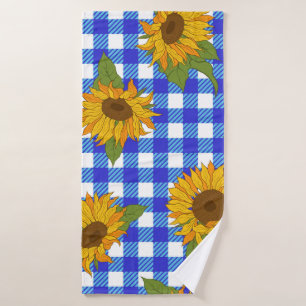 Bright sunflowers on a checkered background. Vinta Bath Towel