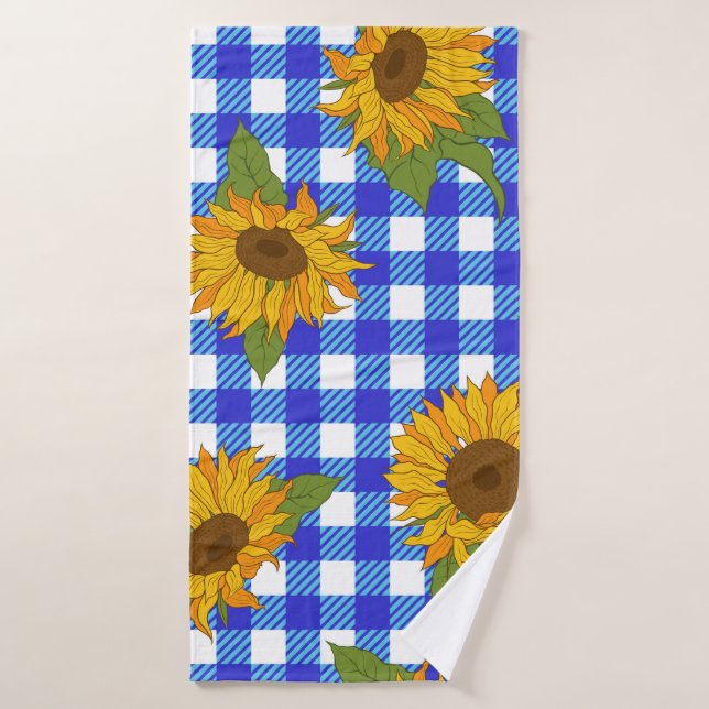 Bright sunflowers on a checkered background. Vinta Bath Towel (Bath Towel)
