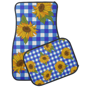 Bright sunflowers on a checkered background. Vinta Car Floor Mat