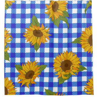 Bright sunflowers on a checkered background. Vinta Shower Curtain