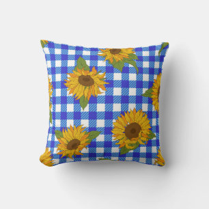 Bright sunflowers on a checkered background. Vinta Throw Pillow