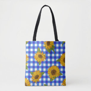 Bright sunflowers on a checkered background. Vinta Tote Bag