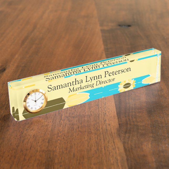 Bright Sunflowers on Blue Desk Name Plate (Side)