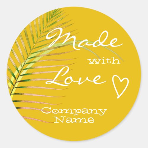  Bright Sunny Yellow Palm Tree Leaf Made with Love Classic Round Sticker