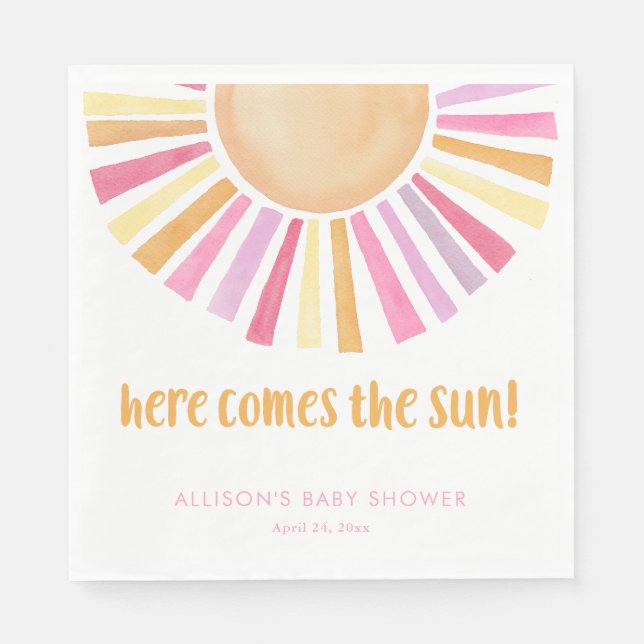 Bright sunshine here comes the sun baby shower napkins (Front)