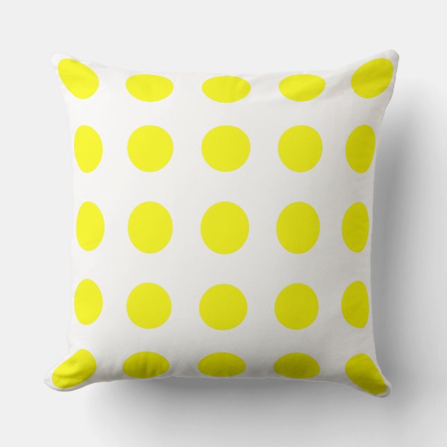Bright Sunshine Yellow Polka Dots on White Throw Pillow (Front)