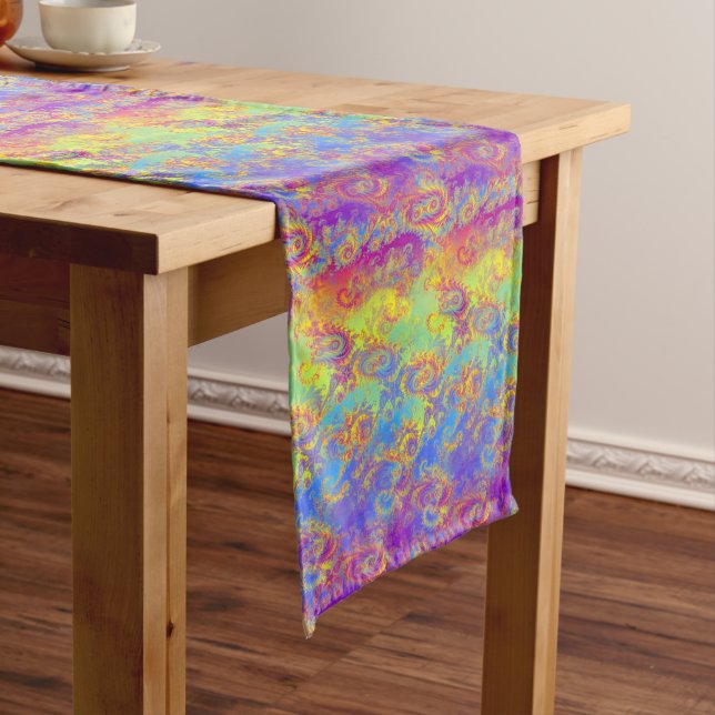 Bright Swirl Fractal Patterns Rainbow Psychedelic Long Table Runner (In Situ)